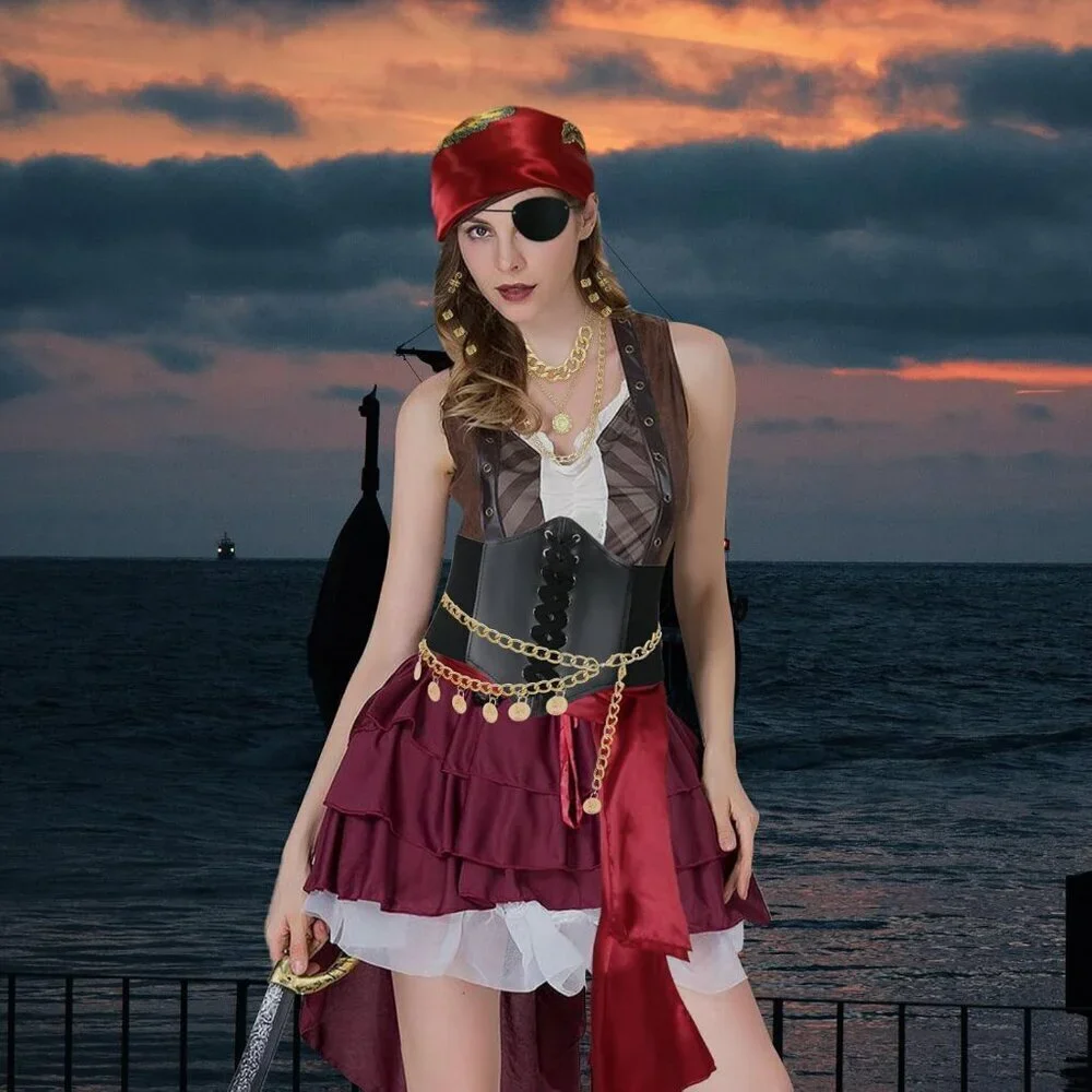Pirate Costume Accessories Set Women 8 Pcs Headscarf Chain Sash Necklace Belt